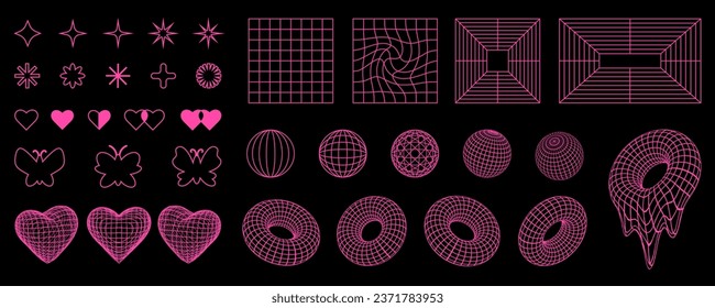 Retro Y2K shapes and 3d wireframes, grids, geometric forms, pink neon crazy design elements in 2000s aesthetic style.