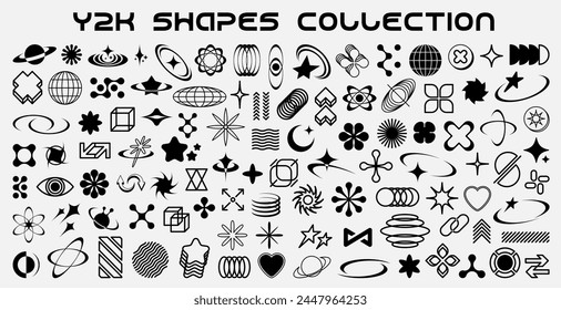 Retro Y2K shapes and graphic elements, abstract icons and symbols, vector aesthetic geometric figures. Y2K streetwear graphic design elements of star, flower, line globe and geometric style art