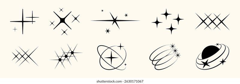 Retro Y2K star icon set with glitter, glow, sparkle, and flash effects. Flat and outlined symbols. Perfect for festive, cosmic, or vintage inspired graphic design.