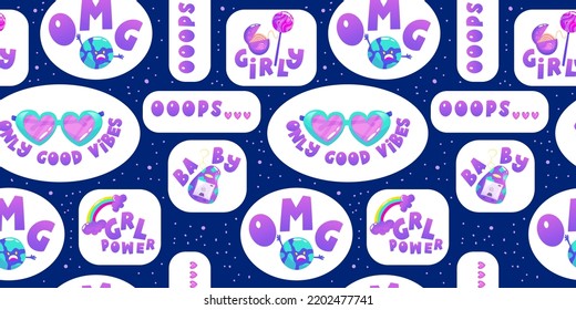 Retro Y2K Sticker Girly 90s Seamless Pattern. Funny Neon Cartoon Vector Illustration. Good Vibes. Sticker With Roller, Glasses, Rainbow On White. Hippie Aesthetic Patch.