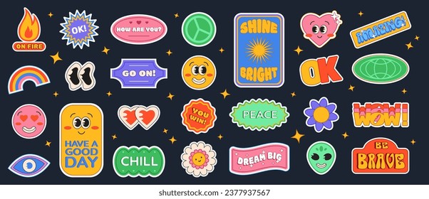 Retro Y2K sticker set with smile faces, characters, badges and small banners with cool cheering short phrases. Vector illustrations.