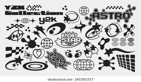 Retro Y2K stickers. Trendy abstract shapes, universal objects for design, projects, posters, banners and business cards. Elements collection
