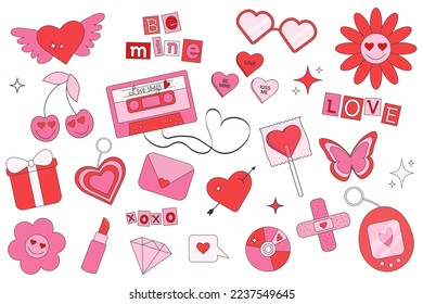 Retro y2k valentines day set, great design for cards, posters, banners. Vintage vector. Trendy vector style