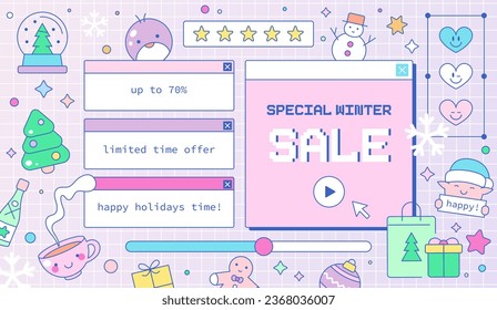 Retro Y2K Winter and New Year's Sale Banner. Vaporwave Old Computer Windows with Groovy Colors, Vintage 60s-70s Vibes. Cute Christmas Elements. Snowman, Tree, Santa's Helper, and Gifts.