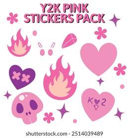 Retro Y2K-inspired graphic designs with modern elements, colorful patterns, and funky sticker icons