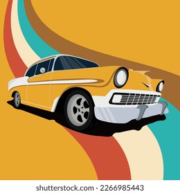 Retro yellow car with colorful road  and dark background, vector illustration