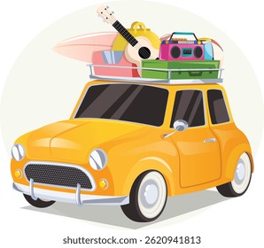 Retro Yellow Car Packed with Travel Gear for Summer Vacation Adventure. Suitcases, Guitar, Radio, Ball and Surfing Board Carried on Top. 