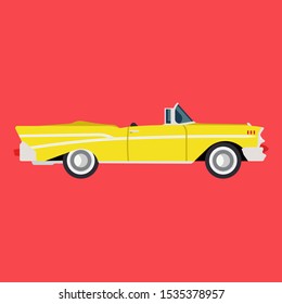 Retro yellow car side view flat icon auto. Classic vehicle illustration design transportation vintage art. Old engine transport cartoon symbol. Drawing style exclusive fashioned revival machine