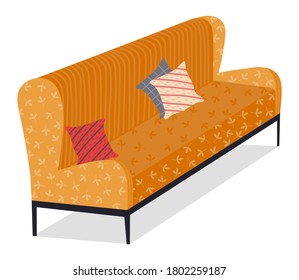 sofá de color amarillo retro. El diseño del mobiliario de la sala de estar es un moderno vector de elementos interiores. Mobiliario contemporáneo para sala de estar o oficina en casa. sofá moderno con tapicería de tela suave