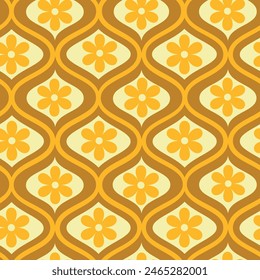 Retro yellow flower on mid century ogee seamless pattern. For home décor, wallpaper, fabric and textile