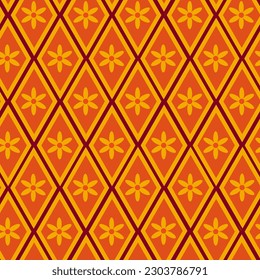Motif harmonieux de fleurs jaunes rétro aux formes losanges de l'arelquin orange. Pour le tissu, le textile, le papier peint et la décoration de la maison 