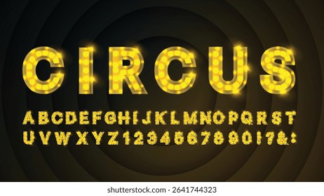 Retro Yellow and Golden Bulb Circus Alphabet – Glowing Marquee Font with Letters and Numbers | Vector Design