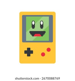 Retro yellow handheld gaming device with green screen displaying cute pixelated character face Vector illustration