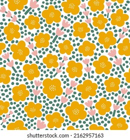 Retro yellow and pink flowers with groovy vibe on white background. Vector illustration with playful vibrant flowers
