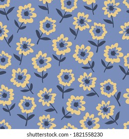 Retro Yellow and Purple Flower Cartoon Doodle Vector Background Seamless Pattern