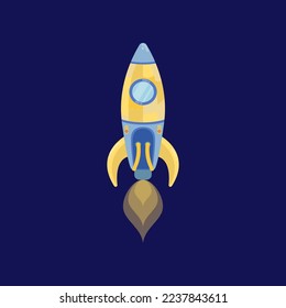 Retro yellow rocket ship cartoon illustration. UFO spaceship, spacecraft, futuristic rocket isolated on blue background. Space, galaxy concept