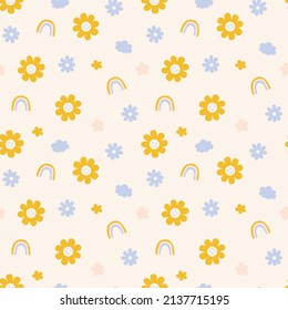Retro yellow smiling flower, cloud, rainbow seamless pattern. Smiling positive flowers icon texture all over print.