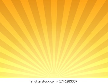 Retro yellow sunburst background. Magic summer comic vintage sunny sky background, colourful orange sunbeams vector backdrop