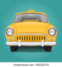 Retro yellow taxi. Front view. Illustration of the vintage car. The beautiful details. Good varnish covering.