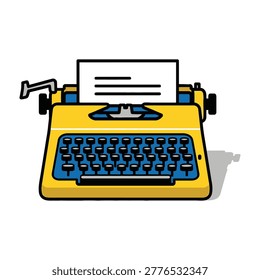 Retro yellow typewriter with blue keys on white background, writing tool, office equipment