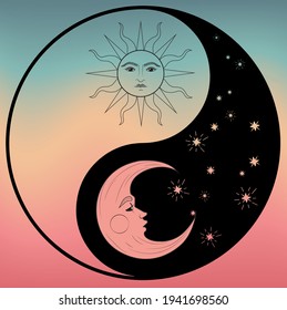 Retro ying yang print with sun and moon illustration and gradient background for girl - woman tee t shirt or sticker