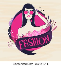 Retro young fashionable girl with heart shaped sunglasses on stylish background. Can be used as sticker, tag or label for Retro design.