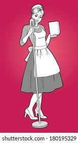 Retro young housewife sings. Vector image.