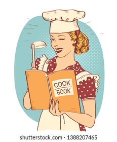 Retro Young woman chef holding cook book in her hand on kitchen room. Pin up style illustration isolated on white