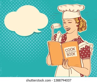 Retro Young woman chef holding cook book in her hand on kitchen room. Pin up color style illustration with speech bubble for text