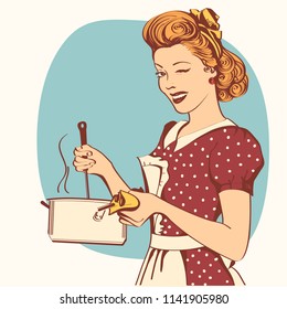 Retro young woman in retro clothes cooking soup in her kitchen room.Vector color illustration svg