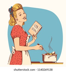 Retro young woman in red old fashioned dress cooking soup in her kitchen room.Reto style illustration