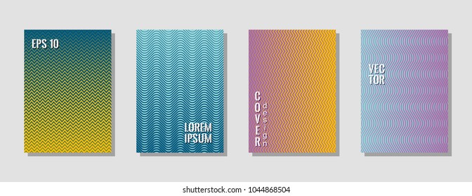 Retro zig zag banner templates, wavy lines gradient stripes backgrounds for educational cover. Curve shapes stripes, zig zag edge lines halftone texture gradient banners vector blue orange set.