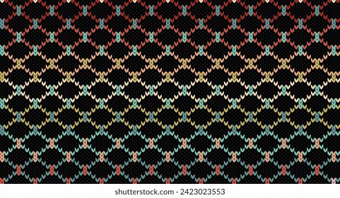 Retro zigzag on black knitted pattern, Festive Sweater Design. Seamless Knitted Pattern
