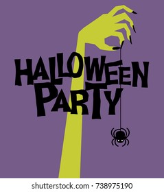 Retro Zombie Hand Reaching Up And Holding Creepy Swinging Spider. Template For Posters, Banners, Cards. Halloween Party. Vector Illustration.