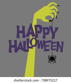 Retro Zombie Hand Reaching Up And Holding Creepy Swinging Spider. Template For Posters, Banners, Cards. Happy Halloween. Vector Illustration.