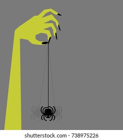 Retro Zombie Hand Reaching Up And Holding Creepy Swinging Spider. Template For Posters, Banners, Cards. Halloween Flat Vector Illustration.