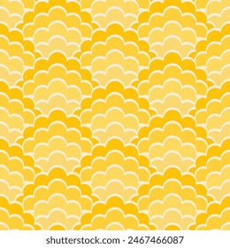 Retro1950s stylized floral seamless pattern design. Yellow stylized floral pattern design in a scallop repeat. 