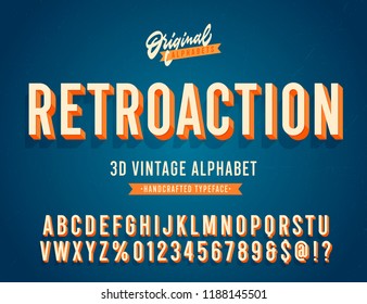 'Retroaction' Vintage 3D Sans Serif Condensed Alphabet with Rich Colors. Retro Typography. Vector Illustration.