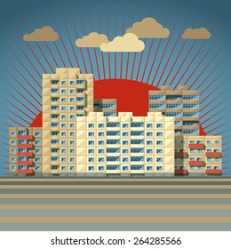 Retro-colored city landscape filled with blocks of flats with rising sun on back flat style vector illustration.Typical urban scenery concept of residential quarters of megalopolis