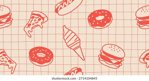 Retro-colored fast food seamless pattern