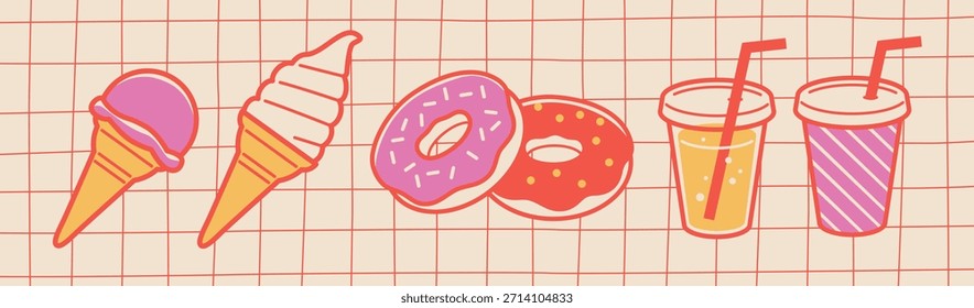 Retro-colored ice cream, donuts, and drinks illustration set