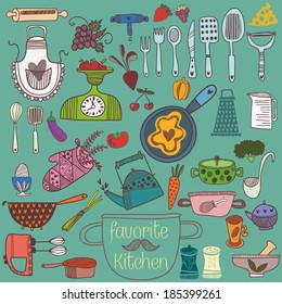 Retro\colorful set of kitchen tools. Vector illustration of kitchen doodles collection-Pan, skillet, apron, scales, mixer and other
