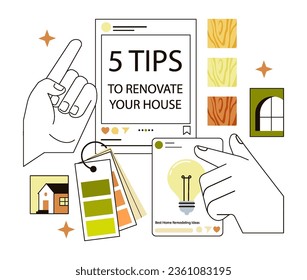 Retrofit movement. Renovation tips and inspiration in social media. Online research on modernization and improvement for sustainable living. Construction materials samples. Flat vector illustration