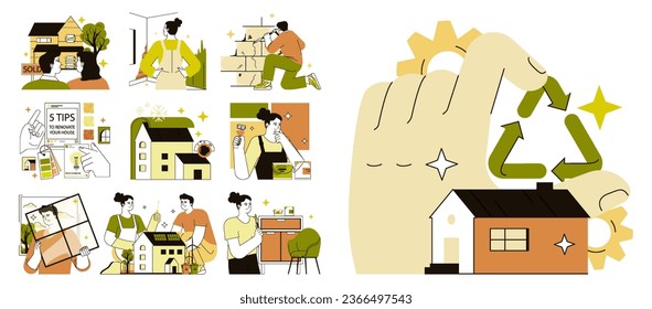 Retrofit movement set. Couple doing a home renovation together. Old house modernization and improvement for sustainable living. Construction works. Flat vector illustration