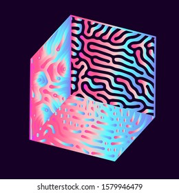 Retrofutiristic minimal background with holographic neon cube. Retrowave, vaporwave, synthwave 80s-90s aesthetics.