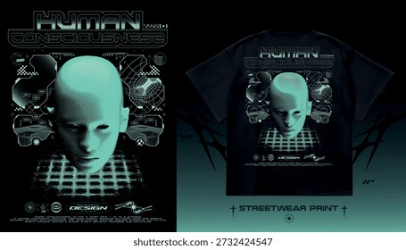 Retro-futurism 3D poster with human head and bitmap dither wave effect. Sci-fi wireframe print for streetwear