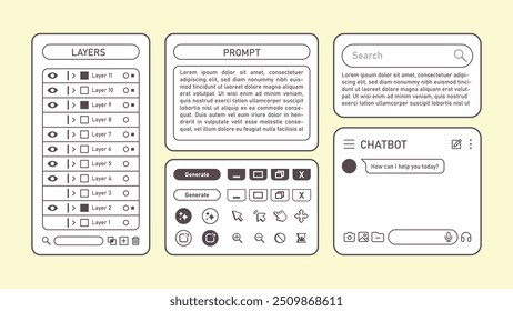 Retrofuturism app interface with generative AI feature. Vintage artificial intelligence desktop application and website UI mockup. Vector illustration template for program design