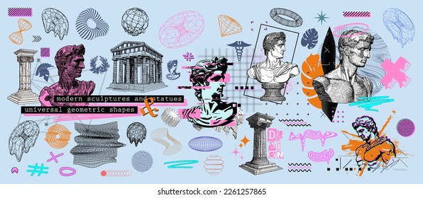 Retrofuturism and art. Exhibition, Greece, antiquity artwork concept. Modern shapes, sculpture, stature, bust in surreal style with effect liquid, glitch, psychodelic. Greek Column, temple, statues. 