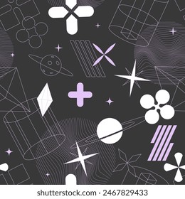 Retrofuturism dark pattern, seamless background with abstract geometric shapes. Futuristic retro minimalism, vector illustration