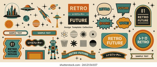 Retrofuturism Design Elements Set Featuring Vector Illustrations, Icons, Y2K Style, Vintage Aesthetic, and Future Concepts.(Translation: Retrofuture) Includes text frames, borders, and other elements.